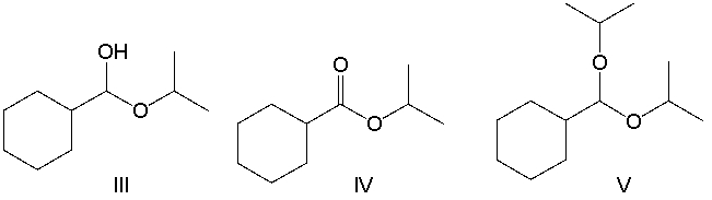 Provide the structure of the product, when cyclohexanecarbaldehyde reacts with excess 2-propanol in the presence of sulfuric acid.     A)  I B)  II C)  III D)  IV E)  V