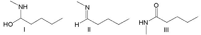 Predict the product when pentanal reacts with CH<sub>3</sub>NH<sub>2</sub> in the presence of an acid catalyst.     A)  I B)  II C)  III D)  IV E)  V