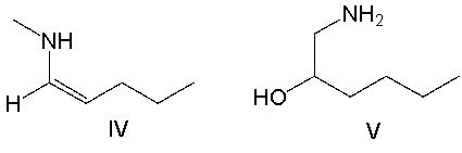 Predict the product when pentanal reacts with CH<sub>3</sub>NH<sub>2</sub> in the presence of an acid catalyst.     A)  I B)  II C)  III D)  IV E)  V