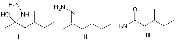 Predict the product, when 4-methyl-2-hexanone reacts with hydrazine in the presence of an acid catalyst.     A)  I B)  II C)  III D)  IV E)  V