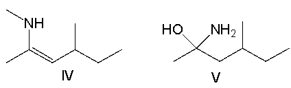 Predict the product, when 4-methyl-2-hexanone reacts with hydrazine in the presence of an acid catalyst.     A)  I B)  II C)  III D)  IV E)  V