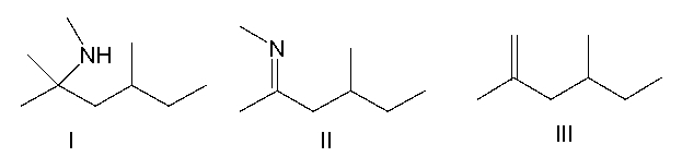 Predict the product, when 4-methyl-2-hexanone reacts with methylamine in the presence of an acid catalyst.     A)  I B)  II C)  III D)  IV E)  V