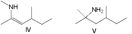 Predict the product, when 4-methyl-2-hexanone reacts with methylamine in the presence of an acid catalyst.     A)  I B)  II C)  III D)  IV E)  V