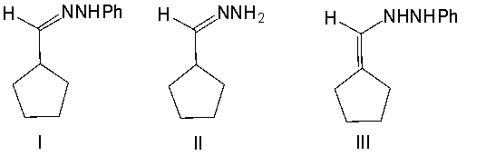Predict the product, when cyclopentanecarbaldehyde reacts with phenylhydrazine (PhNHNH<sub>2</sub>)  in the presence of an acid catalyst.     A)  I B)  II C)  III D)  IV E)  V