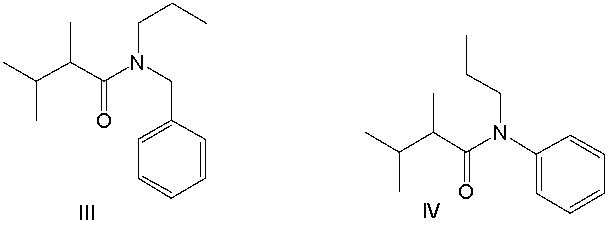 Provide the structure for N-phenyl-N-propyl-2,3-dimethylbutanamide?       A)  I B)  II C)  III D)  IV E)  V