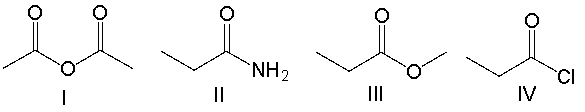 Rank the following carboxylic acid derivatives in decreasing order (most to least)  of reactivity towards nucleophilic substitution.   A)  I > IV > III > II B)  II > III > IV > I C)  I > III > II > IV D)  III > IV > II > I E)  IV > I > III > II
