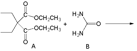 Barbital, used as a sedative, is synthesized from diethyl 2,2-diethyl malonate (A) and urea (B). Provide the structure for barbital.  