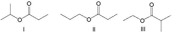  A compound with molecular formula C<sub>6</sub>H<sub>12</sub>O<sub>2</sub> exhibits two singlets in its <sup>1</sup>H NMR spectrum, at  \delta  1.4 (9H)  and  \delta 2.0 (3H) . Its IR spectrum shows a strong absorption band near 1740 cm<sup>-1</sup>. What is the structure for this compound?     A)  I B)  II C)  III D)  IV E)  V 