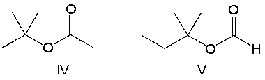  A compound with molecular formula C<sub>6</sub>H<sub>12</sub>O<sub>2</sub> exhibits two singlets in its <sup>1</sup>H NMR spectrum, at  \delta  1.4 (9H)  and  \delta 2.0 (3H) . Its IR spectrum shows a strong absorption band near 1740 cm<sup>-1</sup>. What is the structure for this compound?     A)  I B)  II C)  III D)  IV E)  V 