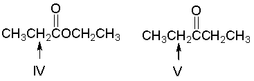  Which of the following indicated  \alpha -hydrogens is most acidic?     A)  I B)  II C)  III D)  IV E)  V 