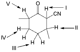 Which is the most acidic hydrogen in the following compound?   A)  I B)  II C)  III D)  IV E)  V
