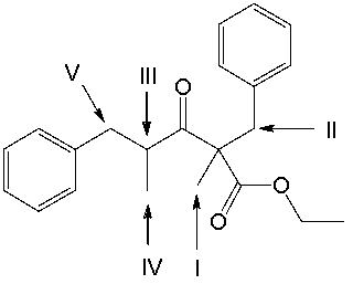 Which carbon atom has the most acidic hydrogen in the following compound?   A)  I B)  II C)  III D)  IV E)  V