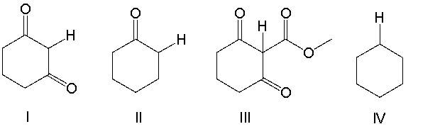 Arrange the following indicated hydrogens in decreasing order (most to least)  of acidity.   A)  I > II > III > IV B)  IV > II > III > I C)  III > II > I > IV D)  II > I > III > IV E)  III > I > II > IV