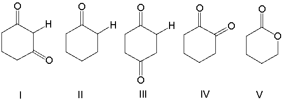 Which one of the following compounds is most likely to favor the enol tautomer over the ketone tautomer?   A)  I B)  II C)  III D)  IV E)  V
