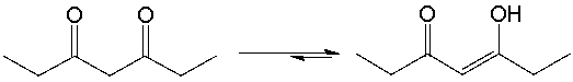  Which of the following statements explains the keto-enol equilibrium shown below?   A)  simple enols are more stable B)  the enol tautomer is stabilized by the conjugated  \pi  system C)  the enol tautomer is stabilized by the intramolecular hydrogen bonding D)  the diketone is less coplanar E)  both B and C 