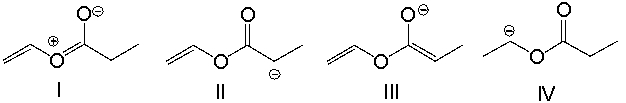 Which of the following compounds represents an enolate?   A)  I B)  II C)  III D)  IV E)  both B and C
