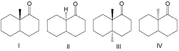  Which one of the following compounds would undergo racemization at the  \alpha -stereocenter in the presence of a base?   A)  I B)  II C)  III D)  IV E)  none of these 