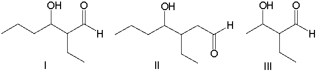 Which one of the following is not a possible product when a crossed aldol addition reaction is carried out with ethanal and butanal as reactants?     A)  I B)  II C)  III D)  IV E)  V