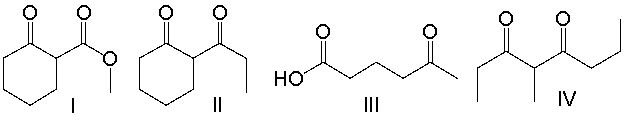 Which of the following compounds can be prepared using the Dieckmann condensation?   A)  I B)  II C)  III D)  IV E)  II and IV