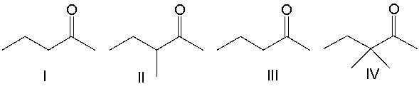 Which of the following ketones cannot be prepared using an acetoacetic ester synthesis?   A)  I B)  II C)  III D)  IV E)  A and C