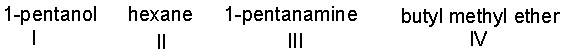 Arrange the following compounds in decreasing (highest to lowest)  order of boiling point.   A)  III > I > IV > II B)  I > III > IV > II C)  I > IV > III > II D)  I > III > II > IV E)  III > I > II > IV