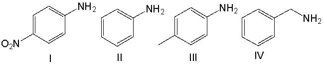 Rank the following compounds in decreasing (strongest to weakest)  order of basicity.   A)  I > III > II > IV B)  II > III > I > IV C)  IV > II > III > IV D)  IV > III > II > I E)  III > II > I > IV