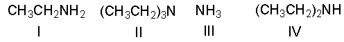 Arrange the following compounds in decreasing (strongest to weakest)  order of basicity.   A)  I > III > II > IV B)  II > III > I > IV C)  IV > II > I > III D)  IV > III > II > I E)  II > I > IV > III