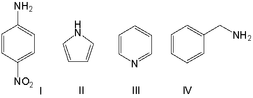 Arrange the following compounds in increasing (weakest to strongest)  order of basicity.   A)  IV < II < I < III B)  III < II < IV < I C)  II < I < III < IV D)  II < III < I < IV E)  None of the above