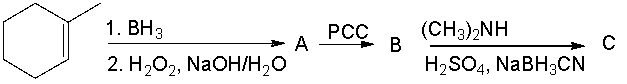 Provide the structures of the products in each step of the following reaction sequence.  