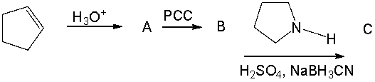 Provide the structures of the products in each step of the following reaction sequence.  