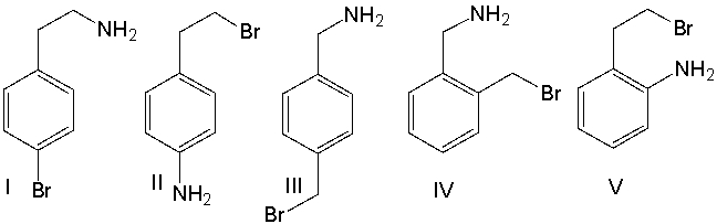  A compound with molecular formula C<sub>8</sub>H<sub>10</sub>BrN exhibits a singlet at  \delta  1.2 (2H) , a triplet at  \delta  2.8 (2H) , a triplet at  \delta  3.0 (2H) , a doublet at  \delta   7.1 (2H)  and a doublet at  \delta   7.4 (2H)  in its <sup>1</sup>H NMR spectrum. Its IR spectrum shows two medium absorption bands near 3400 cm<sup>-1</sup>. What is the structure for this compound?   A)  I B)  II C)  III D)  IV E)  V 