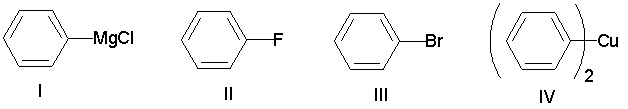 Which of the following compounds has the most nucleophilic carbon atom?   A)  I B)  II C)  III D)  IV