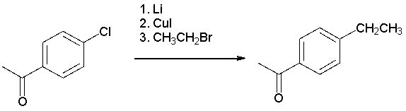 The following synthesis is not likely to work. Which of the following explains why?   A)  Lithium cannot react with aryl halides to form organolithium compounds. B)  CH<sub>3</sub>CH<sub>2</sub>Br does not do cross coupling in Corey-Posner/Whitesides-House reactions. C)  The cuprate formed would react with the ketone. D)  The organolithium formed would react with the ketone.