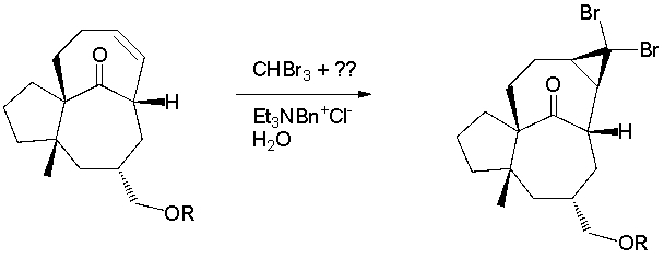 A total synthesis of ingenol utilized a dibromocyclopropanation via a carbene intermediate (J. Am. Chem. Soc. 2002, 124, 9726) . What key type of reagent is missing from the reaction conditions?   A)  Bronsted Acid B)  Bronsted Base C)  radical initiator D)  Lewis Acid catalyst