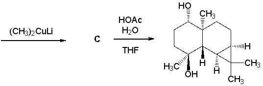 Elaboration of an advanced intermediate toward the synthesis of the pulmoside aglycon is shown below. Give the structures of the intermediates A-C. (J. Am. Chem. Soc. 2013, 135, 2501.)    