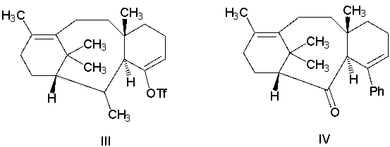 A synthesis of the taxadienone system involves the following reaction (Org. Process. Res. Dev. 2015, 19, 284) . What is the product?        A)  I B)  II C)  III D)  IV