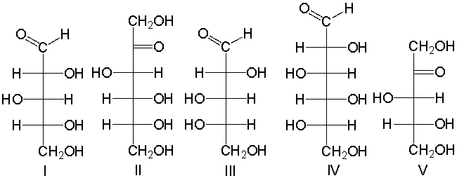 Which of the following is a D-aldopentose?   A)  I B)  II C)  III D)  IV E)  I and V