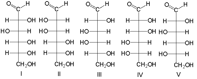 Which of the following compounds are a pair of enantiomers?   A)  I and III B)  II and IV C)  III and V D)  IV E)  none of these
