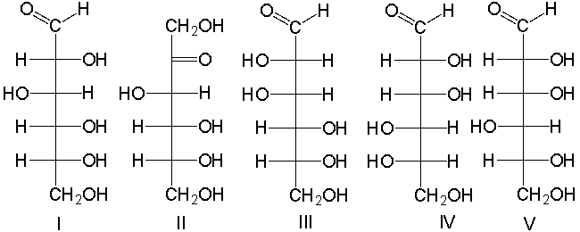 Which one of the following is the correct Fischer projection for D-gulose?   A)  I B)  II C)  III D)  IV E)  V