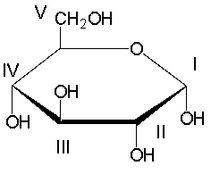 Which carbon in the following monosaccharide is the anomeric carbon?   A)  I B)  II C)  III D)  IV E)  V