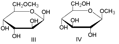 Which of the following compound(s)  would undergo mutarotation in aqueous solution?     A)  I B)  II and III C)  III and IV D)  I, II, and III E)  all of these