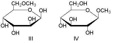 Which of the following compound(s)  would NOT undergo mutarotation in aqueous solution?     A)  I B)  II and IV C)  III D)  IV E)  II, III and IV