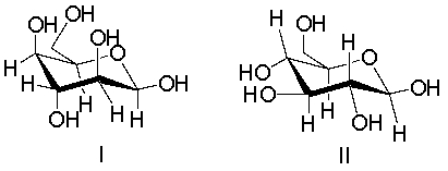  Which of the following structures represent  \beta -D-glucopyranose?     A)  I B)  II C)  III D)  IV E)  none of these 
