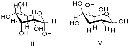  Which of the following structures represent  \beta -D-glucopyranose?     A)  I B)  II C)  III D)  IV E)  none of these 