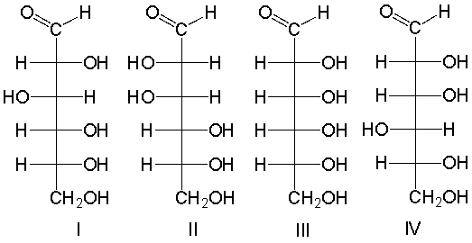 Which of the following D-aldoses will produce an optically inactive product when treated with NaBH<sub>4</sub>/H<sub>2</sub>O?   A)  I B)  II C)  III D)  IV E)  none of these
