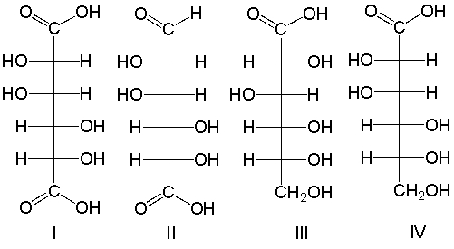 Predict the product(s)  for the following reaction.     A)  I B)  II C)  III D)  IV E)  D-fructose is not oxidized by bromine water.