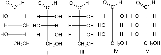 Which of the following compounds would produce an optically active aldaric acid?   A)  I B)  II C)  III D)  IV E)  V
