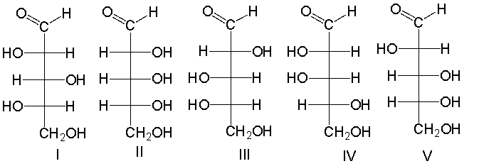 Which of the following compounds would produce D-glucose and D-mannose when treated with HCN followed by H<sub>2</sub>/Pd/BaSO<sub>4</sub>/H<sub>2</sub>O?   A)  I B)  II C)  III D)  IV E)  V