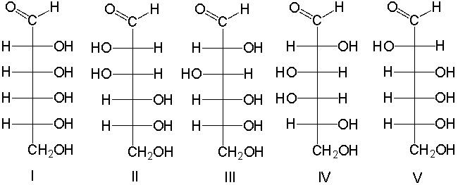 Predict the product(s)  for the following Kiliani-Fischer synthesis.     A)  I and V B)  II and IV C)  I and III D)  III and IV E)  II and V
