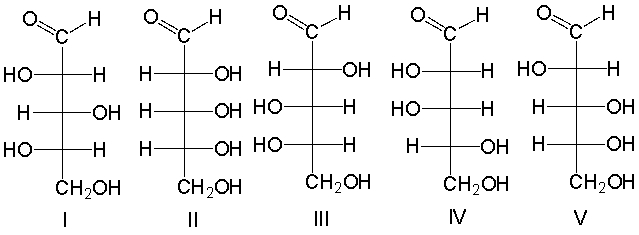 Which of the following compounds would produce D-glucose and D-mannose when subjected to Kiliani-Fischer synthesis?   A)  I B)  II C)  III D)  IV E)  V